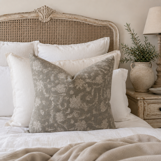 Mia Sage Grey Floral Block Print Linen Cushion 50cm x 50cm