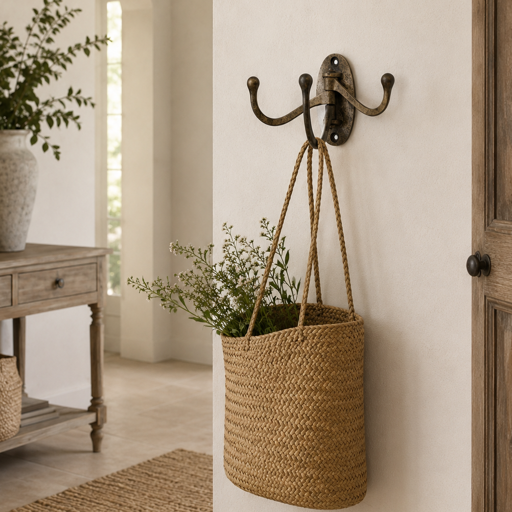 A rustic black metal three-hook wall hook mounted on a warm beige plaster wall, holding a woven natural-fiber hanging basket with rope handles and greenery, in a softly styled entryway.