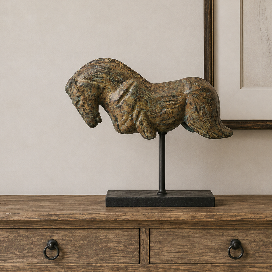 A rustic horse sculpture with a textured, weathered finish in earthy brown and gold tones, mounted on a black metal stand. The sculpture is displayed on a wooden console table against a neutral beige wall with framed artwork in the background.