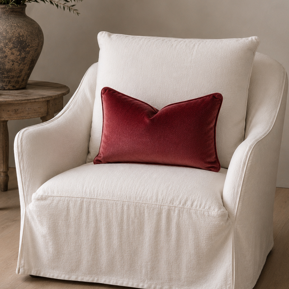 A cream-colored slipcovered armchair in a styled room, featuring a deep red velvet accent pillow. A rustic wooden side table with a large textured vase holding dried greenery stands to the left, and a framed picture hangs on the beige wall above.