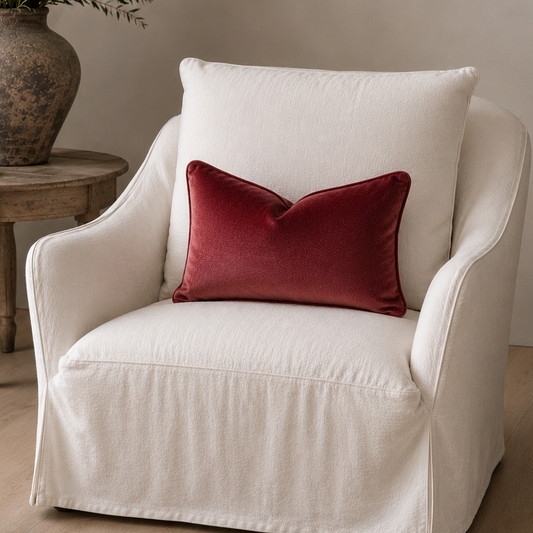 A cream-colored slipcovered armchair in a styled room, featuring a deep red velvet accent pillow. A rustic wooden side table with a large textured vase holding dried greenery stands to the left, and a framed picture hangs on the beige wall above.