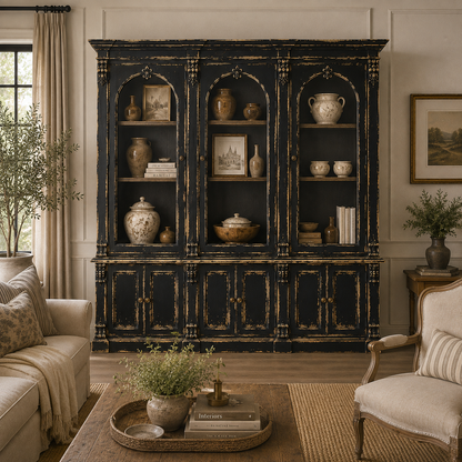A large black wooden hutch or cabinet with distressed gold detailing, styled in a classic living room setting with a sofa, armchair, and decorative vases.