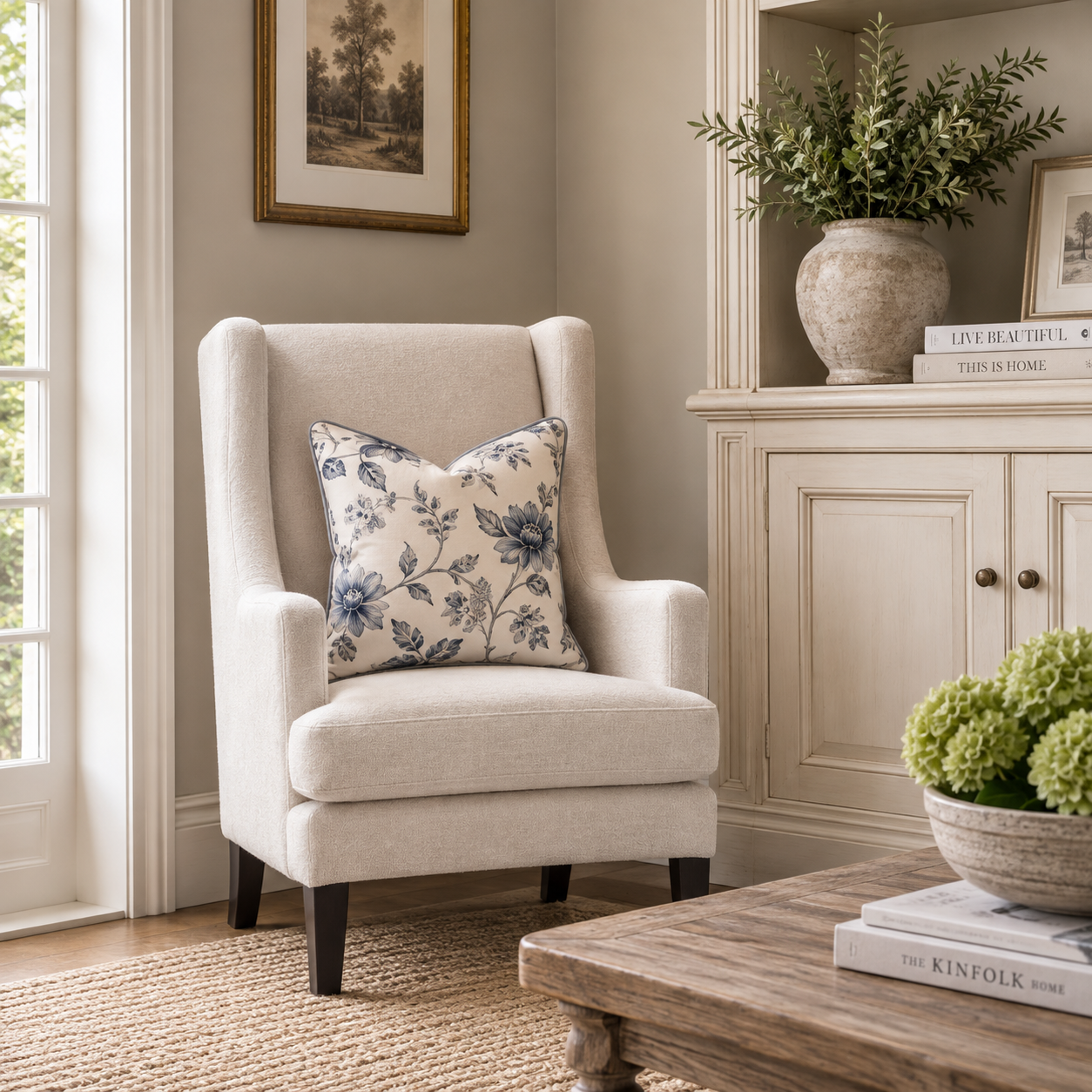 A light beige upholstered wingback armchair with dark legs, styled in a bright living room with a blue floral throw pillow, a wooden coffee table, and a cream cabinet in the background.