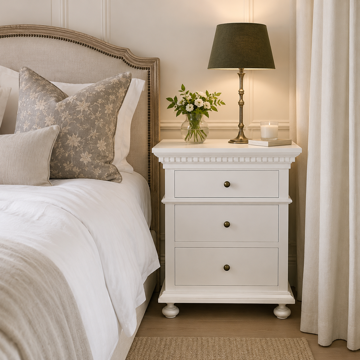 Chelsea White Satin Bedside Drawers