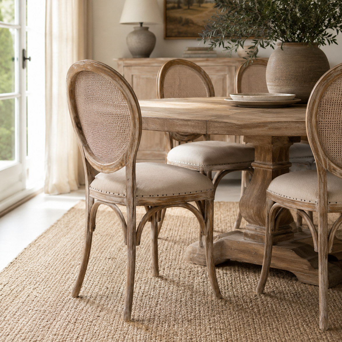 A rustic wooden dining table with woven-back chairs in a bright, neutral-toned dining room. The scene includes a large vase with greenery, a sideboard, and a window with sheer curtains.