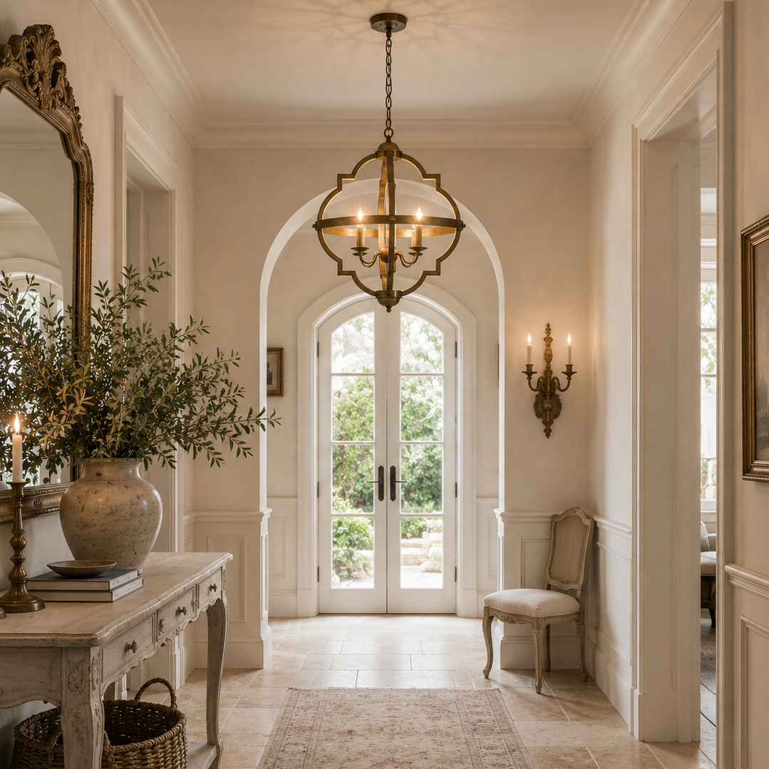 A classic French chaise lounge chair in a cream fabric sits on a stone-tiled hallway floor next to a white console table with a large gold-framed mirror and a vase of greenery.