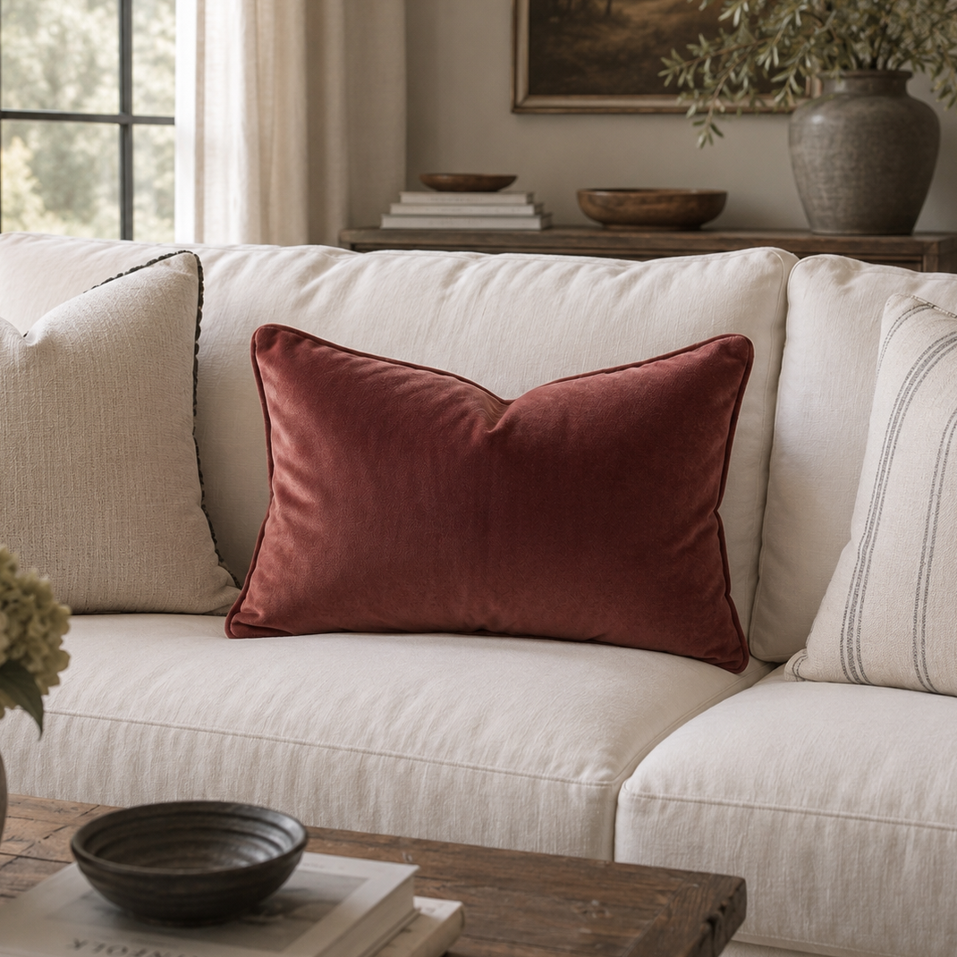 A rust-red velvet square throw pillow styled on a cream-colored sofa in a cozy, sunlit living room setting.