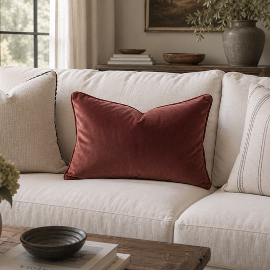 A rust-red velvet square throw pillow styled on a cream-colored sofa in a cozy, sunlit living room setting.