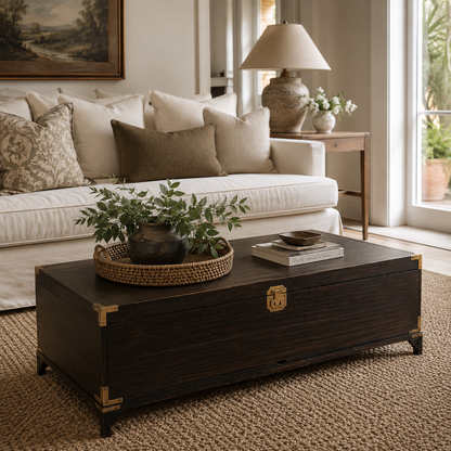 A dark brown wooden chest trunk coffee table with brass corner accents and a central latch, styled in a bright living room with a sofa, lamp, and plants.