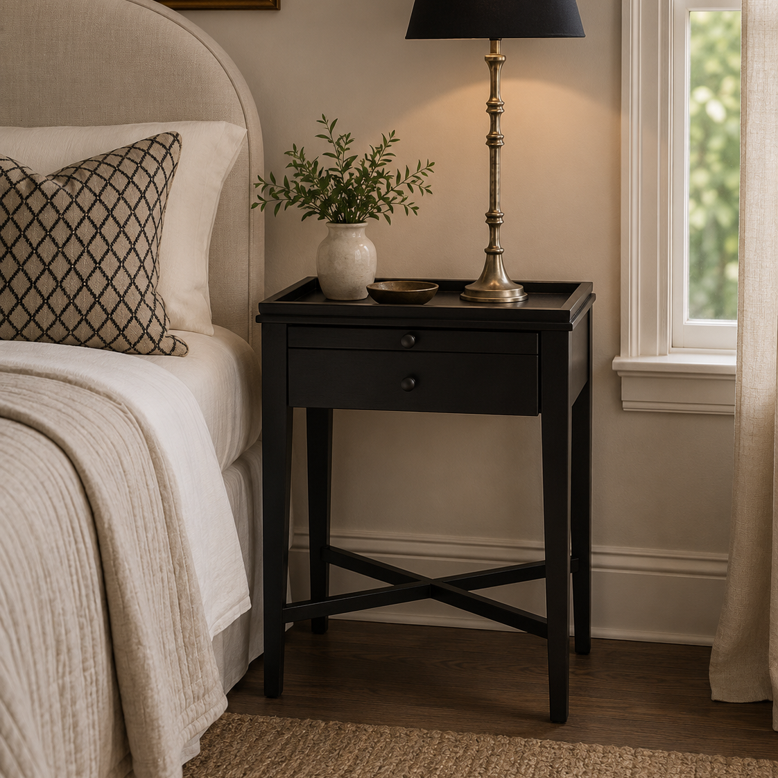 A black nightstand in a styled bedroom setting, featuring a black table lamp with a brass base, a small white vase with greenery, and a decorative tray on top.