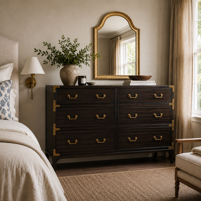 A dark wood dresser with brass hardware in a styled bedroom, topped with a gold-framed mirror, a vase of greenery, and books, next to a bed and window.