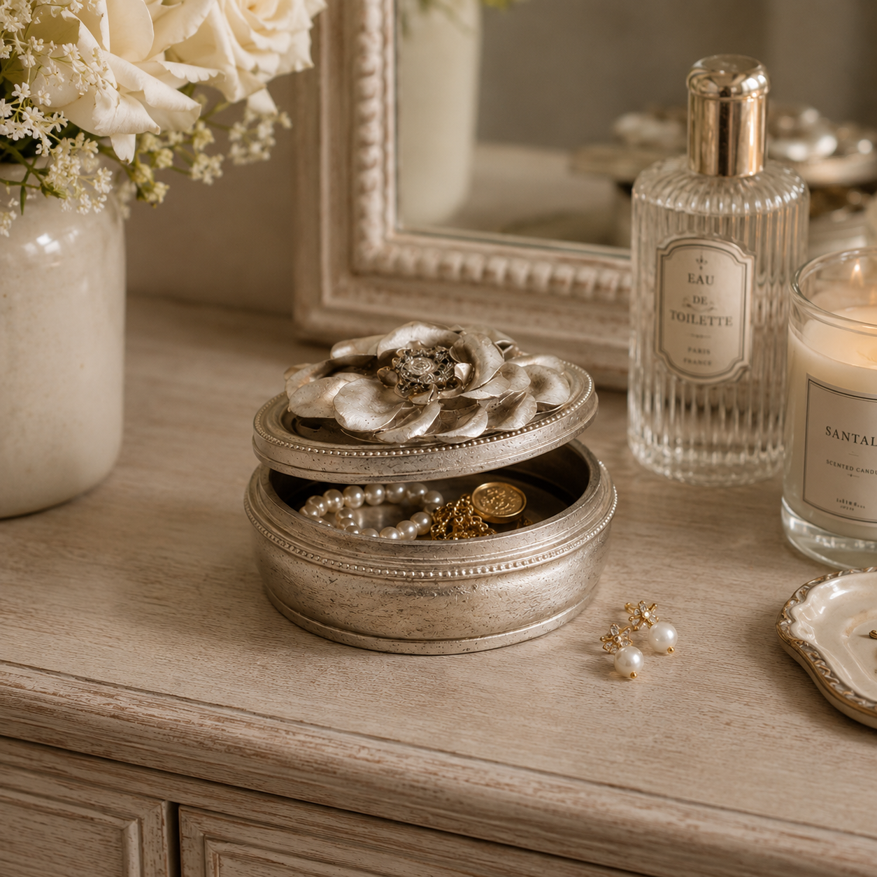 Gardenia Oval Pewter Finish Trinket Box