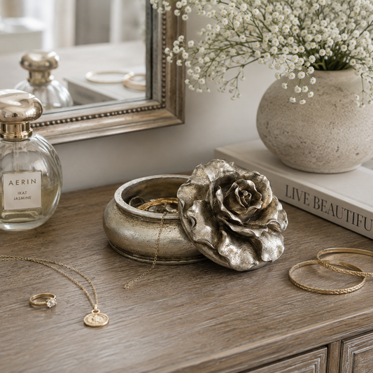 A silver-toned rose-shaped jewelry box sits open on a wooden table, surrounded by gold jewelry, a perfume bottle, a mirror, and a vase of baby's breath in a styled interior setting.