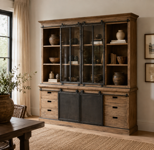 A large rustic wooden hutch or cabinet with black metal hardware, shown in a styled room with a window, curtains, rug, and decor items inside.