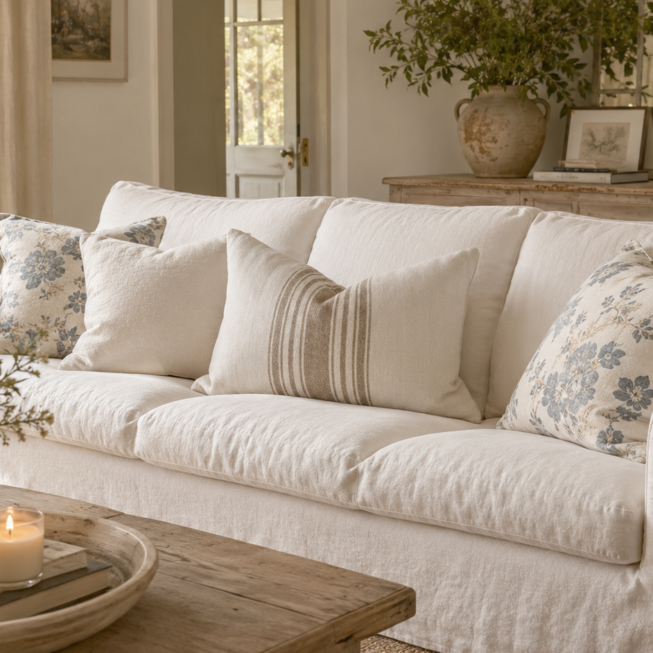 A white linen slipcovered sofa in a bright, neutral-toned living room, styled with multiple cream and blue floral throw pillows, a wooden coffee table with a lit candle, and a floor lamp in the background.