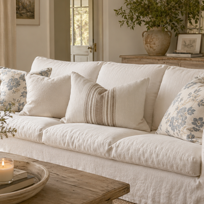 A white linen slipcovered sofa in a bright, neutral-toned living room, styled with multiple cream and blue floral throw pillows, a wooden coffee table with a lit candle, and a floor lamp in the background.