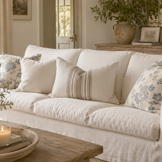 A white linen slipcovered sofa in a bright, neutral-toned living room, styled with multiple cream and blue floral throw pillows, a wooden coffee table with a lit candle, and a floor lamp in the background.