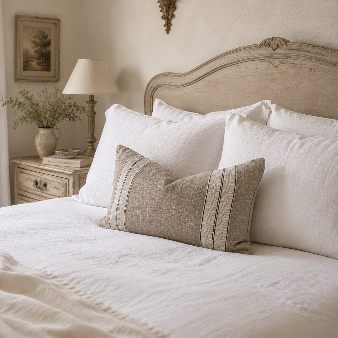 A styled bedroom scene showing a bed with white linens, a beige striped lumbar pillow, a wooden headboard, a bedside table, lamp, and window with sheer curtains.