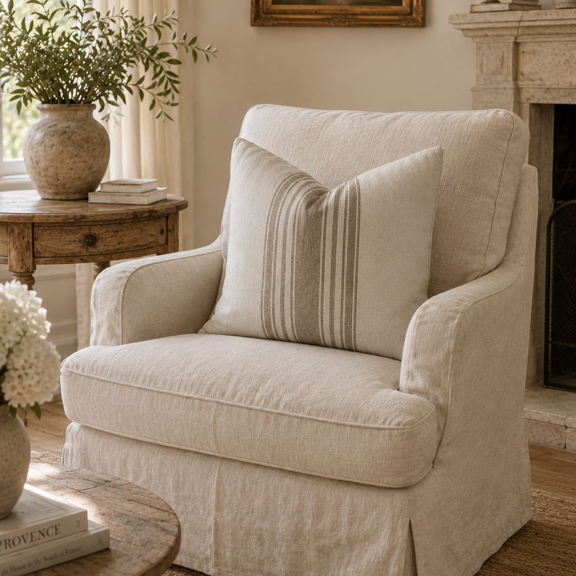 A cream-colored slipcovered armchair with a matching striped throw pillow, styled in a warm, traditional living room setting with a fireplace, side table, and potted plants.