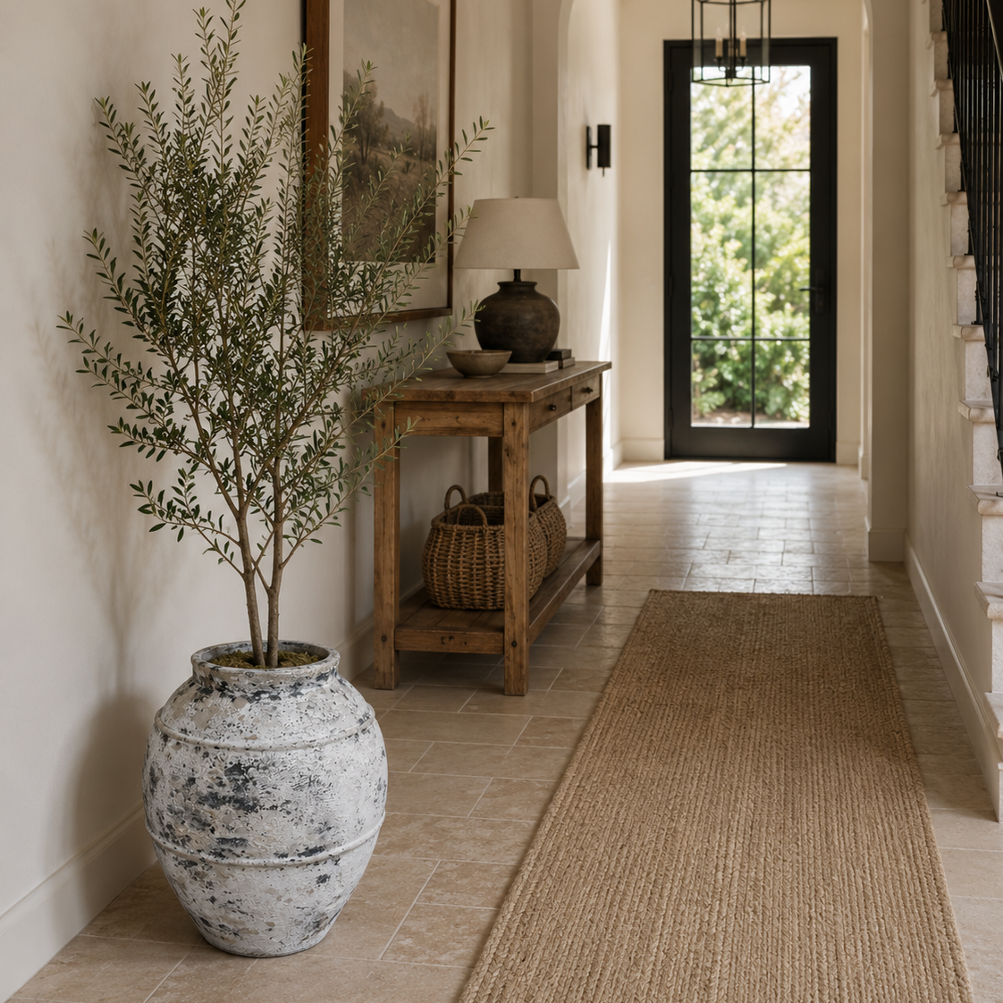 A styled entryway hallway with a tall potted olive tree in a distressed white and gray ceramic pot, a rustic wooden console table with a lamp, a large framed landscape print, a woven jute runner, and a black-framed glass door at the end of the hall.