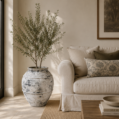 A styled living room corner featuring a large distressed white ceramic planter holding a leafy green tree, positioned next to a cream-colored sofa with neutral-toned pillows. A wooden coffee table with books and a bowl sits in the foreground on a woven rug, with warm sunlight casting soft shadows across the room.