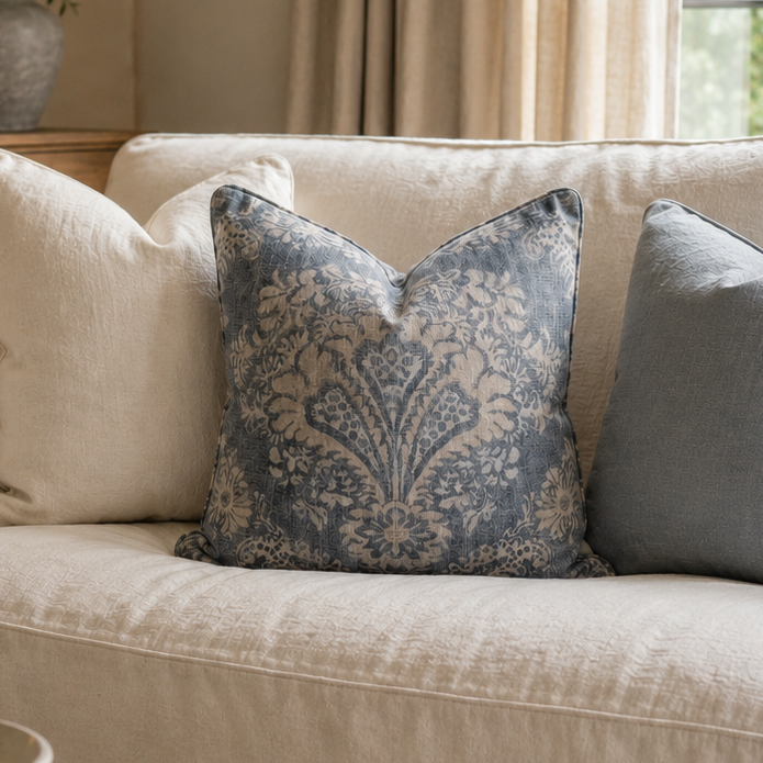 A cream-colored upholstered sofa in a warm, styled living room setting, decorated with three throw pillows including a blue and beige damask patterned pillow and a solid gray pillow.