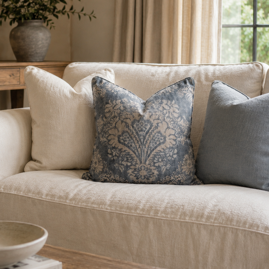 A cream-colored upholstered sofa in a warm, styled living room setting, decorated with three throw pillows including a blue and beige damask patterned pillow and a solid gray pillow.