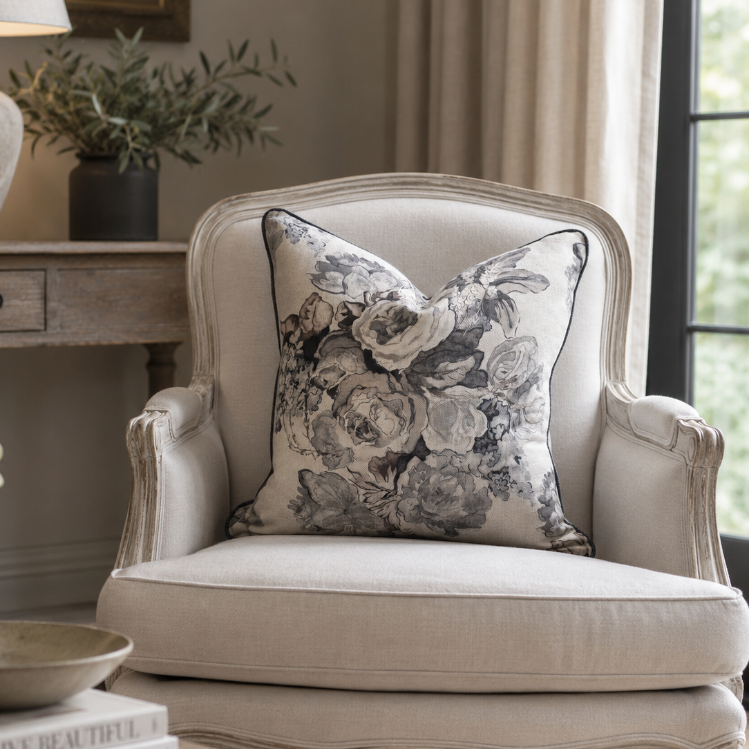 A classic French-style armchair in a neutral beige tone, styled with a square throw pillow featuring a gray and beige floral rose pattern, set in a beautifully decorated living room.