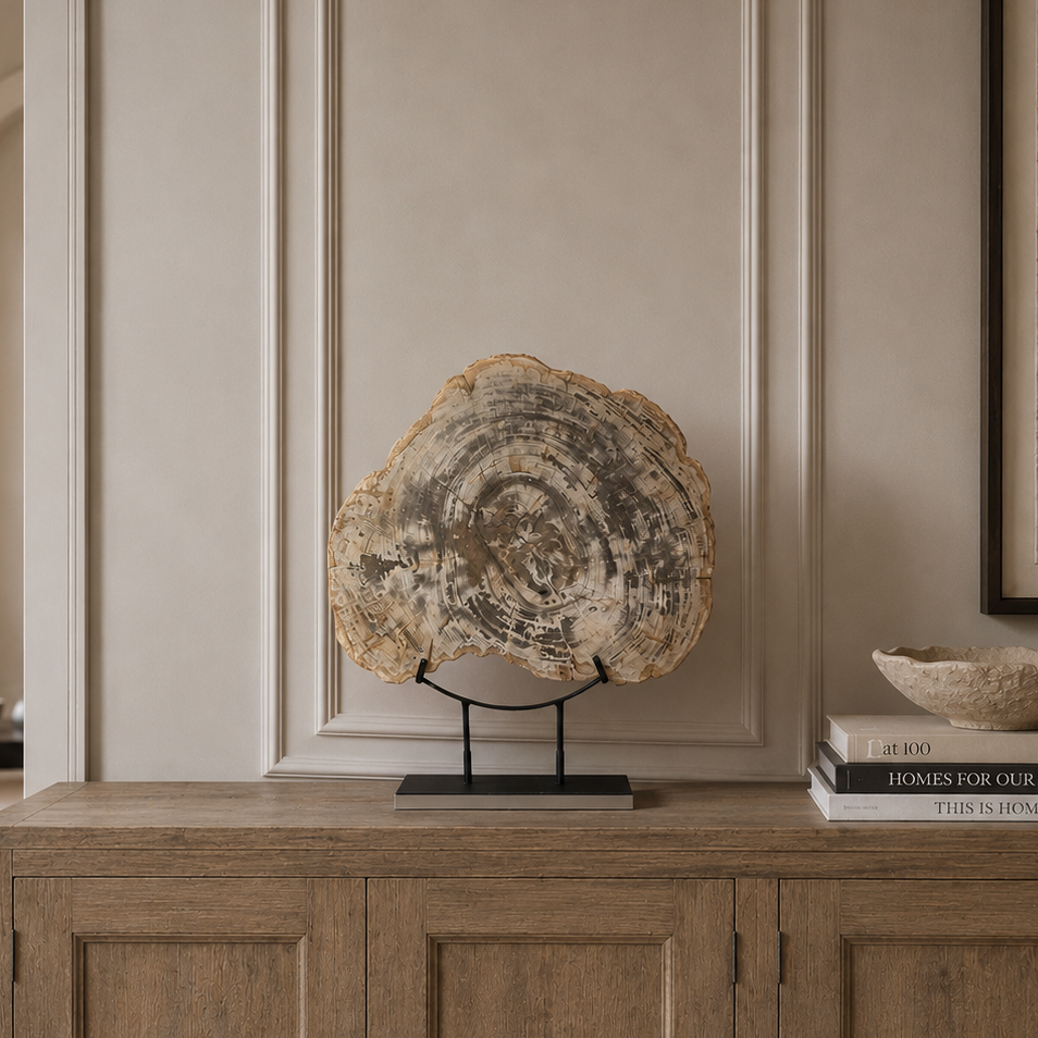 A large circular petrified wood slice or stone slab displayed on a black stand atop a wooden cabinet in a styled interior room.