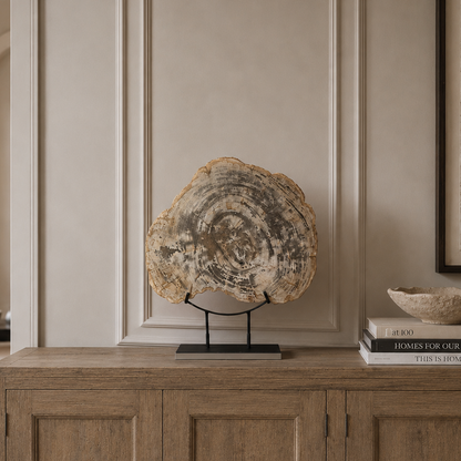 A large circular petrified wood slice or stone slab displayed on a black stand atop a wooden cabinet in a styled interior room.