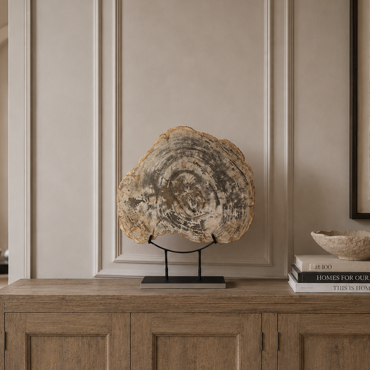 A large circular petrified wood slice or stone slab displayed on a black stand atop a wooden cabinet in a styled interior room.
