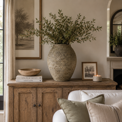 A large textured beige ceramic vase filled with green leafy branches sits on a rustic wooden sideboard in a styled living room. The scene includes framed wall art, a small wooden bowl, books, a candle, and part of a white sofa with neutral pillows.