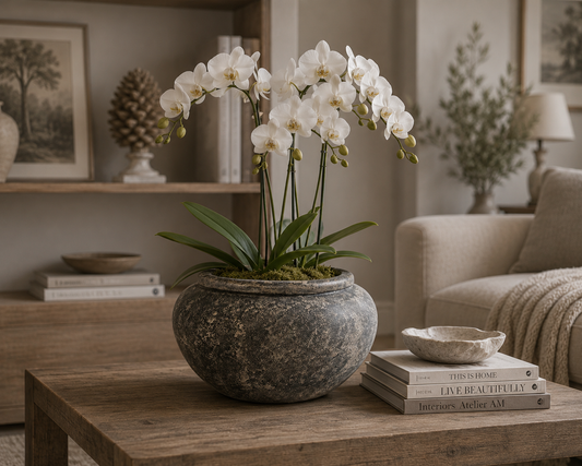 A potted white orchid with green leaves in a round textured gray stone pot, placed on a wooden coffee table in a styled living room setting.