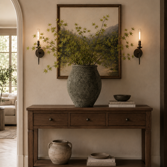 A styled interior scene showing a dark wood console table against a beige wall, with a large gray ceramic vase of green branches centered on top, a framed landscape painting above, and matching decor on the table and shelf.