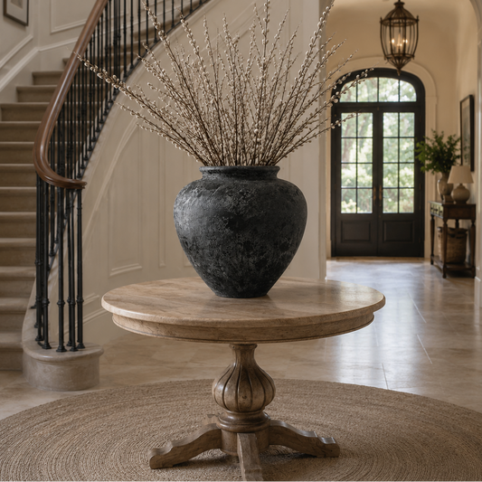 A large dark textured ceramic vase filled with dried branches, displayed on a round wooden pedestal table in a grand, elegant entryway with a staircase and arched hallway in the background.