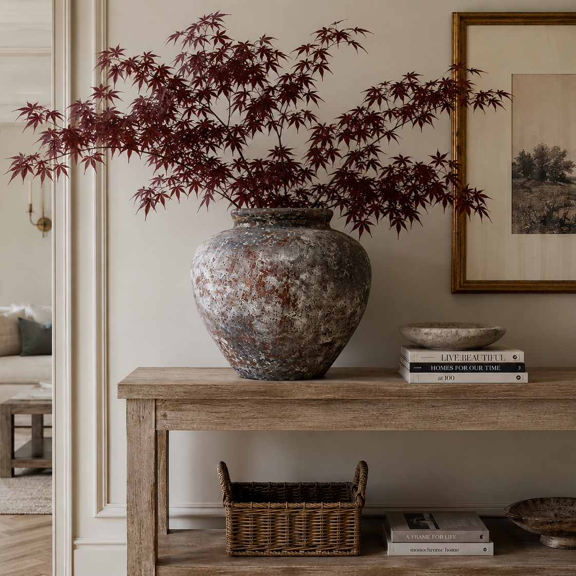 A large rustic ceramic vase filled with a red-leafed Japanese maple branch, displayed on a wooden console table in a styled interior room.