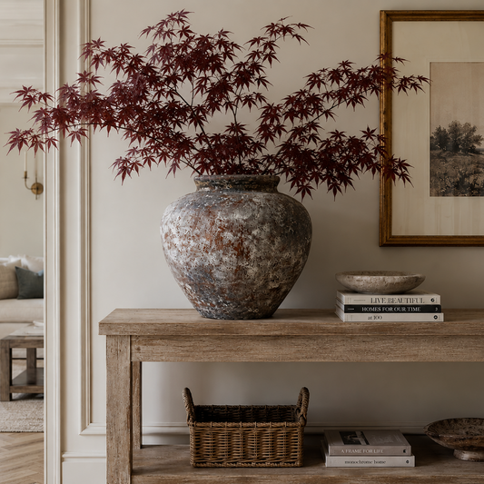 A large rustic ceramic vase filled with a red-leafed Japanese maple branch, displayed on a wooden console table in a styled interior room.