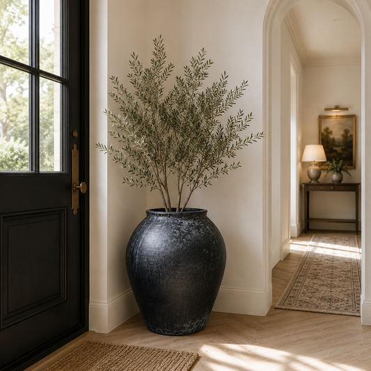 A large black textured ceramic planter holding a tall olive branch arrangement, placed in a bright entryway next to a black door, with a hallway and rug visible in the background.