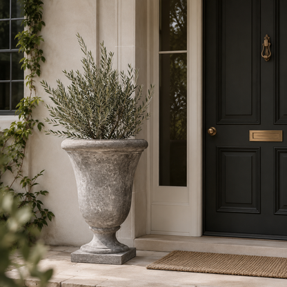 A large stone urn planter with a green leafy plant, placed on a beige stone porch next to a black front door with brass hardware.