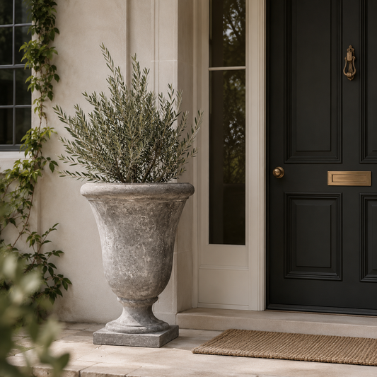 A large stone urn planter with a green leafy plant, placed on a beige stone porch next to a black front door with brass hardware.