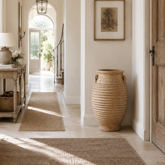 A large ribbed natural fiber planter pot with side handles, styled in a bright, elegant hallway with neutral walls, a woven rug, and framed art.