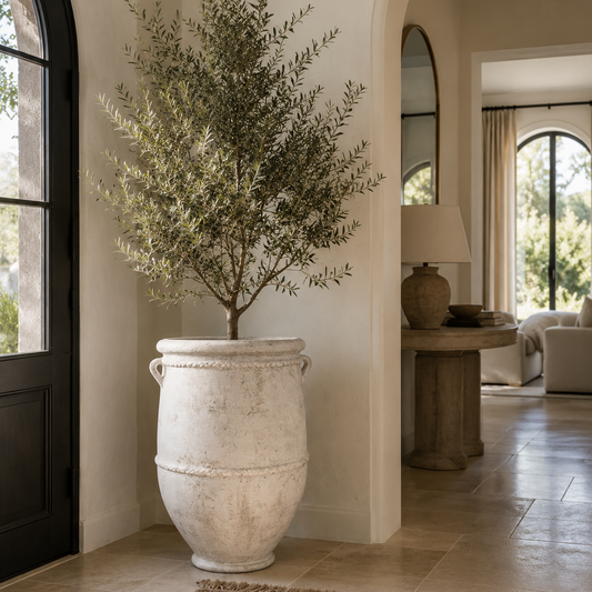 A large potted olive tree in a distressed white ceramic urn-style planter, placed in a bright, elegant entryway with beige walls, tiled floors, and an arched doorway in the background.