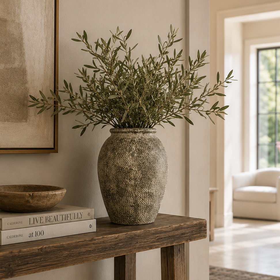 A rustic textured stone vase filled with olive branches displayed on a dark wood console table in a warm, neutral-toned living space.
