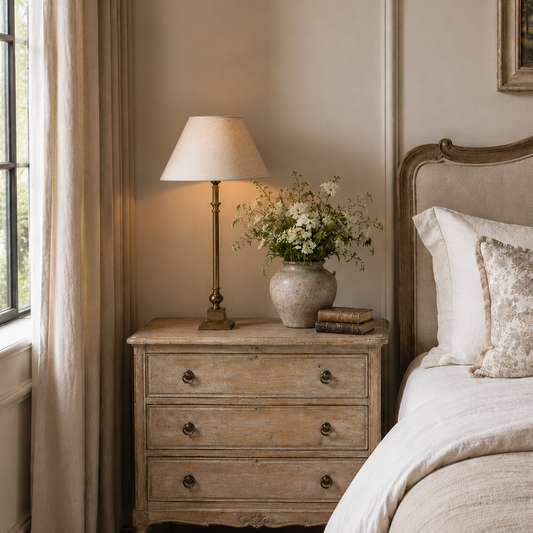 A styled bedroom scene featuring a light beige upholstered bed with patterned pillows, a rustic distressed wood nightstand with a lit table lamp and a vase of flowers, and a warm neutral wall background.