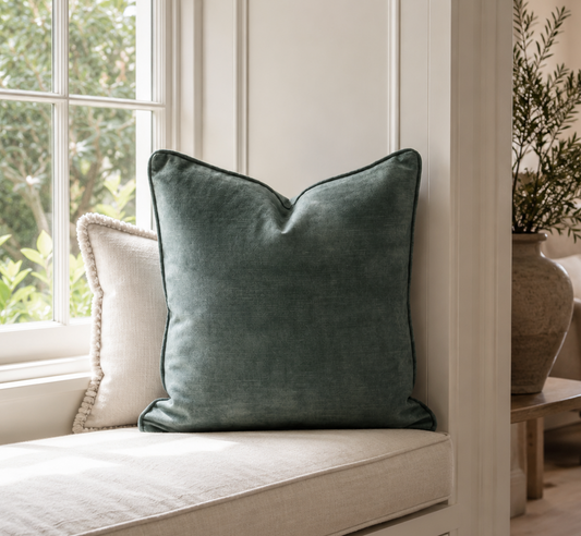 A square teal throw pillow with piped edges sits on a cream-colored window seat cushion, with a second cream pillow behind it in a bright, sunlit room.