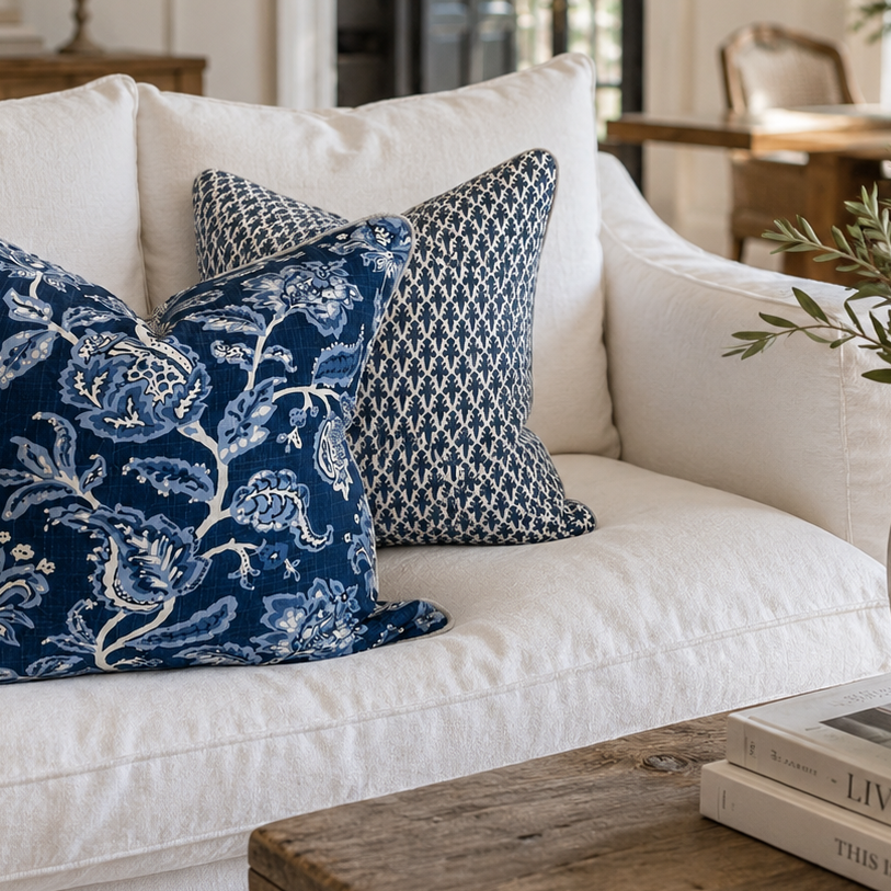 Two navy blue decorative throw pillows with intricate white and light blue patterns, styled on a white fabric sofa in a bright, modern living room.