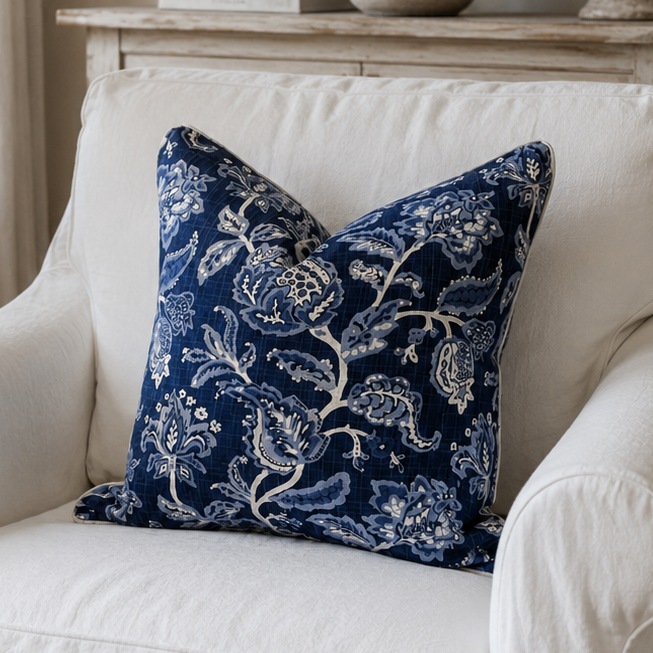A white slipcovered armchair in a bright, neutral-toned room, styled with a navy blue throw pillow featuring a white floral toile pattern.