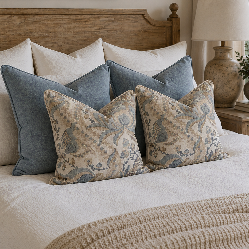 A styled bedroom scene showing a bed with white bedding, blue velvet pillows, and two beige patterned accent pillows, with a wooden headboard, bedside lamp, and framed landscape painting in the background.