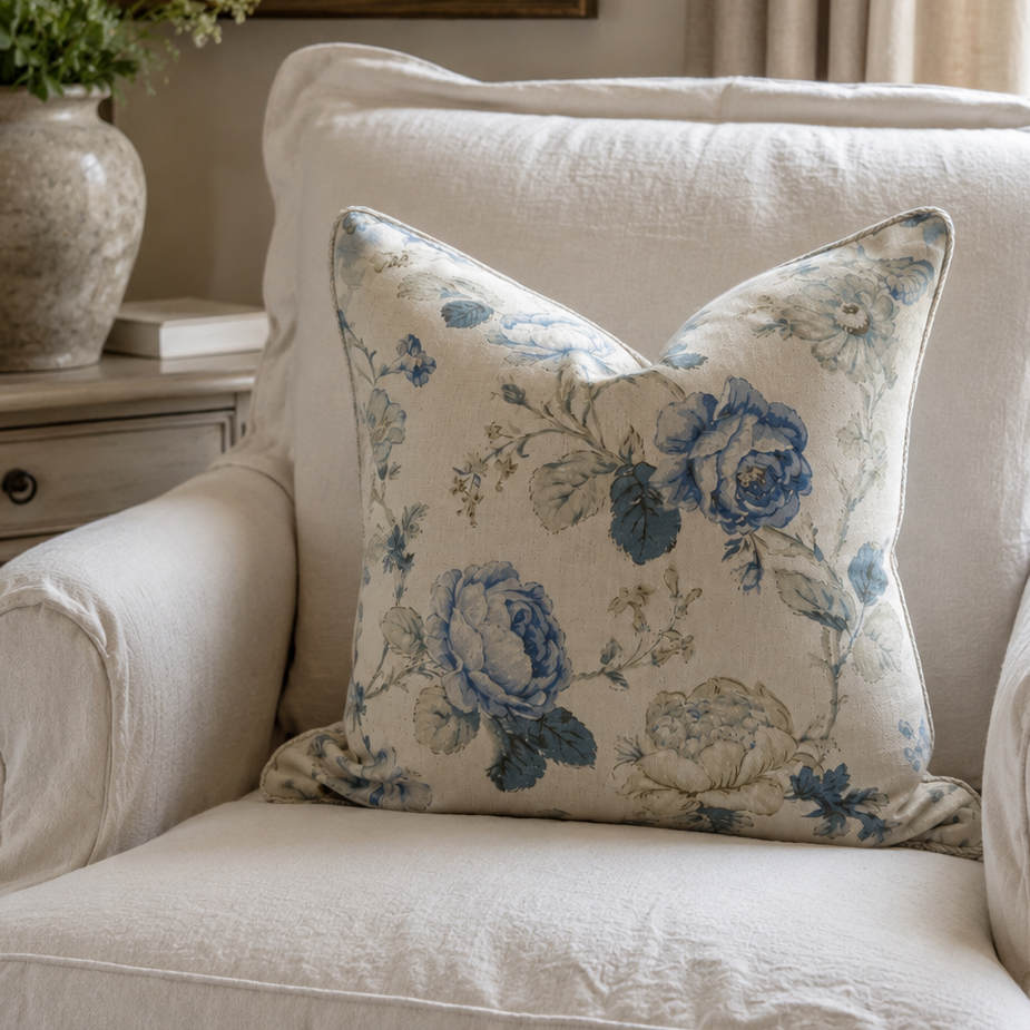 A square throw pillow with a blue floral toile pattern on a cream linen background, styled on a white upholstered armchair in a cozy living room setting.