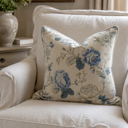 A square throw pillow with a blue floral toile pattern on a cream linen background, styled on a white upholstered armchair in a cozy living room setting.